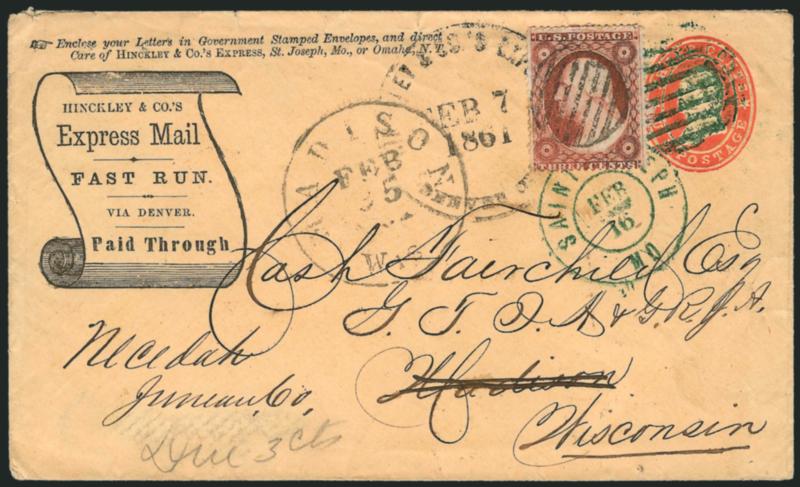 Hinckley & Co.s Express Mail.> Printed frank in scroll (Haller FH7, Ty. 1) with instructions for mailing at top, Hinckley & Co.s Express Denver City Feb. 7, 1861 circular datestamp on 3c Red Star Die entire
(U27) to Madison Wis., bold green Sain