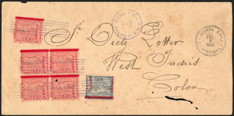 CANAL ZONE, 1904, 2c Rose, 5c Blue (1, 2).> Block of four and single of 2c, tied by Canal Zone in 7-bar cancel, matching Canal Zone, Ancon, Jul. 8, 1904 circular datestamp on legal-size cover addressed to
<<West Indies, Colon>>, also with Cana
