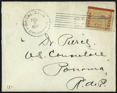 CANAL ZONE, 1904, 10c Yellow (3).> Three covers, one with July 9, 1904 Cristobal cancel to Panama, one with July 10, 1904 Cristobal cancel to Panama, last with blue July 12, 1904 Ancon cancel to Cristobal,
Fine, each signed Bartels