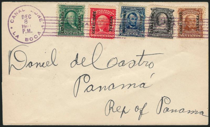 CANAL ZONE, 1904, 1c-10c Overprints (4-8).> Tied by purple La Boca, Canal Zone, Dec. 8, 1904 machine cancel on cover to Panama, Republic of Panama, Ancon and receiving backstamps, fresh and Very Fine, colorful
usage