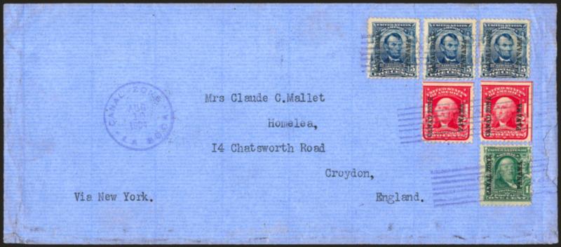CANAL ZONE, 1904, 1c-5c Overprints (4-6).> Two 2c and three 5c, tied by purple rectangular grids, matching Canal Zone Aug. 10, 1904 circular datestamp on blue legal-size cover <to Croydon, England,> 1904 New
York and receiving backstamps, minor edg