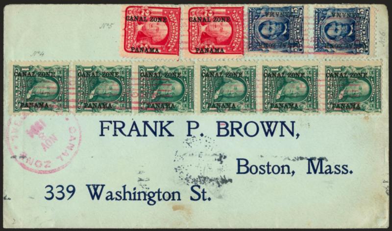 CANAL ZONE, 1904, 1c-5c Overprints (4-6).> Vertical strip of six of 1c and two each of 2c and 5c, tied by red Canal Zone in 7-bar cancel, matching Canal Zone, Cristobal, Nov. 8, 1904 circular datestamp on light
green cover with printed address to