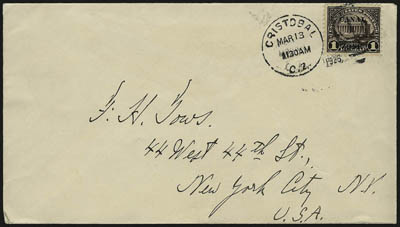 CANAL ZONE, 1924, 15c-$1.00 Ty. A Overprints (78-81).> Each on separate cover and each tied by Cristobal C.Z. Mar. 13, 1926 duplexes to Tows in New York, first is mourning cover, Very Fine, also accompanied
by two other covers, one bearing Nos. 73