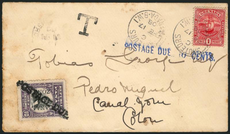 CANAL ZONE, 1906, 10c Violet & Black, Bliss Postage Due Ovpt. Ty. A (26 var).> Deep rich color, used on inbound cover to Pedro Miguel, with Grenada 1p stamp tied by Sauteurs Grenada B.W.I. FE 17 08 circular
datestamp, blue Postage Due 10 cents