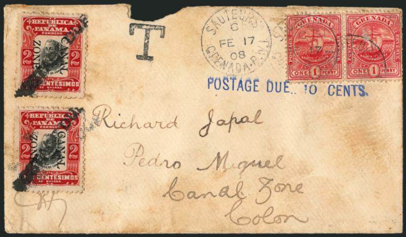 CANAL ZONE, 1906, 2c Red & Black, Bliss Postage Due Ovpt. Ty. A (23 var).> Used on inbound cover to Pedro Miguel, with pair of Grenada 1p stamp tied by Sauters Grenada B.W.I. FE 17 08 circular datestamp, blue
Postage Due 10 cents straightline h