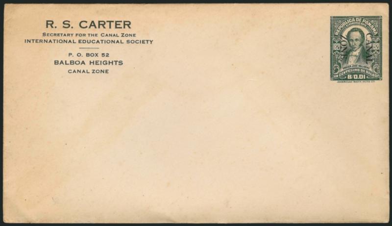 CANAL ZONE, 1921, 1c Green, Entire (U3).> Unused, with corner card for International Education Society, trivial edge toning, Very Fine