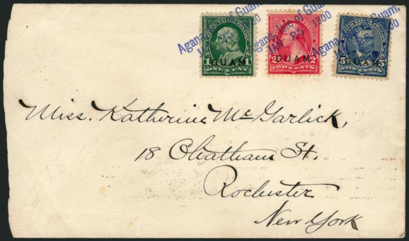 GUAM, 1899, 1c Deep Green, 2c Red, 5c Blue (1, 2, 5).> Tied by blue Agana, Isle of Guam, Jan. 25, 1900 two-line straightline datestamps on cover to Rochester N.Y., neat San Francisco backstamp, slightly reduced
at left, Very Fine, colorful usage