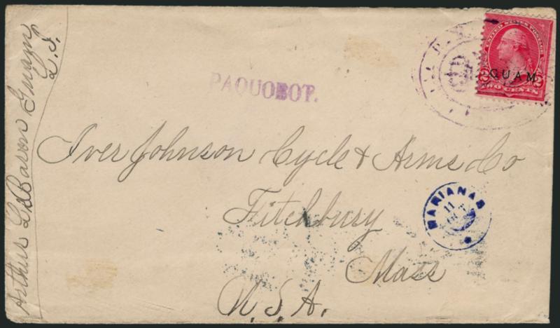GUAM, 1899, 2c Red, Ty. III (2).> Tied by <purple Arms> cancel, matching Paquebot straightline on cover to Fitchbury Mass., with with purple <Marianas 11 Oct.> double-circle datestamp, 1899 San Francisco and
receiving backstamps, stamp slightly a