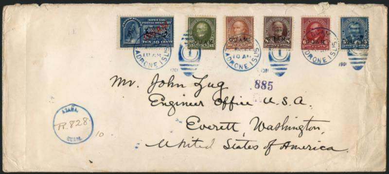 GUAM, 1899, 5c-15c Overprints (508, 10, E1).> Tied by three neat strikes of <blue> Ladrone Isls. Guam, Aug. 22 10AM 1901 duplex cancels on oversize registered cover to Everett Wash., blue Agana Guam circular
handstamp with ms. registry no., neat