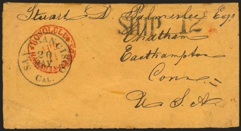 Honolulu * Hawaiian-Islands * Apr. 11.> Red circular datestamp on cover to Chatham Conn., neat San Francisco Cal. 20 May circular datestamp and Ship and 12 handstamps, with original enclosure datelined <<Maui
April 6, 1856>>, some wear, Very