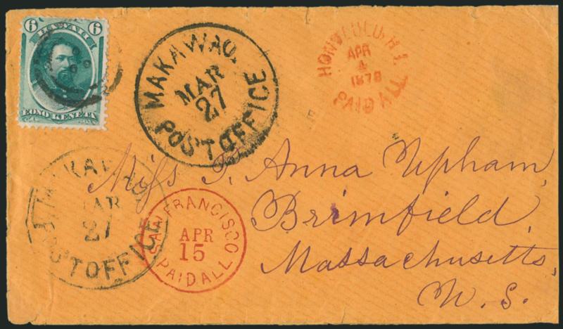 HAWAII, 1871, 6c Yellow Green (33).> Tied by 3-ring target with 3-hole punch applied at Honolulu (Ty. 116), two strikes of <Makawao Post Office Mar. 27> originating circular datestamp (Ty. 243.22, <Rarity
1RRR>) on bright buff cover to Brimfield Ma