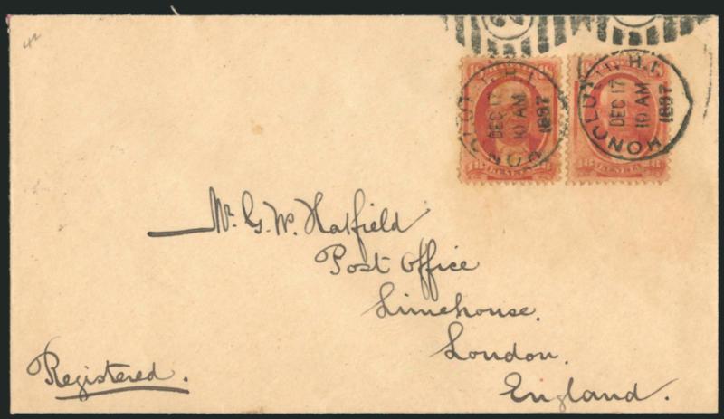 HAWAII, 1871, 18c Dull Rose (34).> Two singles, each tied by Honolulu H.I. Dec. 17, 1897 duplex datestamp and oval on cover <to London, England,> marked <<Registered>> by sender but evidently did not enter
registered mails (none of the necessary