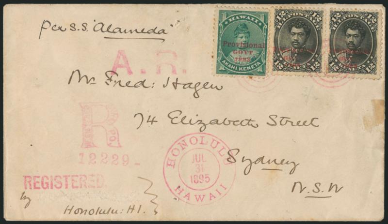 HAWAII, 1893, 12c Black, Red Ovpt. (62).> Horizontal pair used with 1893 1c Green, Red Ovpt. (55), tied by red targets on double-rate <registered cover to Sydney, New South Wales,> matching Honolulu Hawaii Jul.
31, 1895 double-circle datestamp with