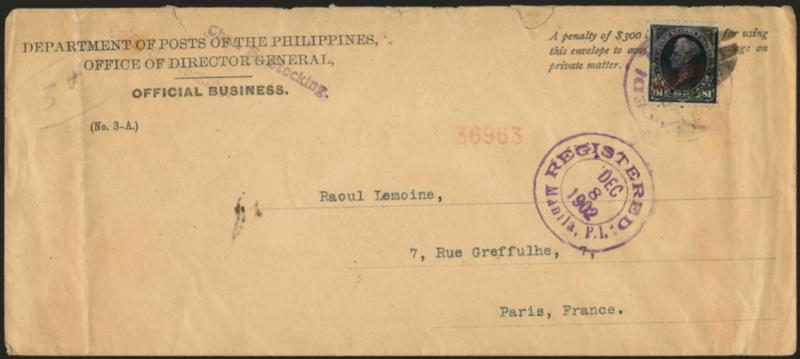 PHILIPPINES, 1901, $1.00 Black, Ty. I (223).> Tied by grid and by large purple Registered Manila P.I. Dec. 8, 1902 double-circle datestamp, second strike at left, on legal-size <Post Office penalty cover to
Paris, France,> minor edgewear, Very Fine