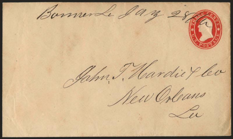 Bonner La. Jany 2861.> Ms. postmark on 3c Red Star Die entire (U26) to New Orleans, Very Fine, scarce Independent State use of U.S. stamps