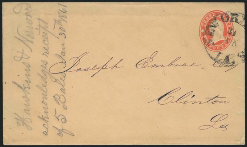 New Orleans La. 31 Jan. (1861).> Circular datestamp on 3c Red Star Die entire (U27) to Clinton La., docketed with 1861 year date, faint toning, Very Fine, scarce Independent State use