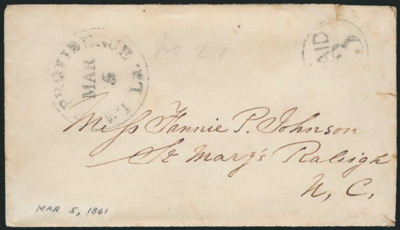Lake Providence La. Mar. 5.> Clear strike of circular datestamp with matching Paid 3 in circle on cover to Raleigh N.C., notation on back indicates contents were from 1861, small edge tears, otherwise Very Fine
Confederate State usage, unusual as a
