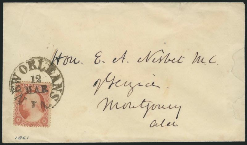 New Orleans La. Mar. 12.> Circular datestamp tied 3c Dull Red, Ty. III (26), bright shade, on cover to member of Congress at Montgomery Ala., small repairs at right, otherwise Very Fine Confederate State
usage