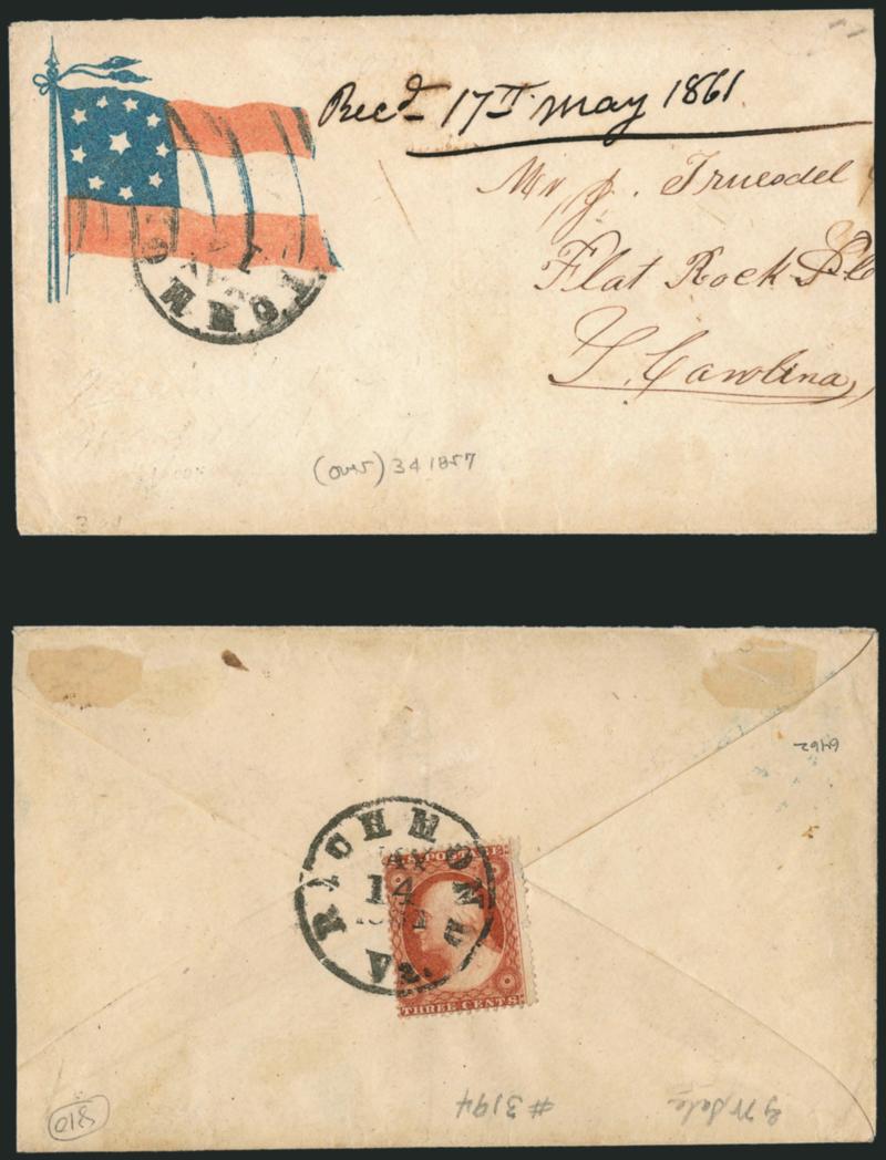 Richmond Va. May 14, 1861.> Circular datestamp ties 3c Dull Red, Ty. III (26) on back of red and blue <10-Star Confederate Flag Patriotic> cover to Flat Rock P.O. N.C., additional strike of circular datestamp
at edge of patriotic design, 1861 docketi
