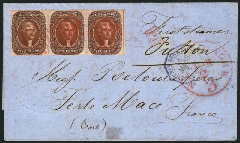New Orleans to France, Feb. 1861.> Blue folded cover with New Orleans merchants embossed corner card, sent outside the mails to New York, forwarders blue oval backstamp and ship routing <<Fulton,>> entered
mails with horizontal strip of three <5c