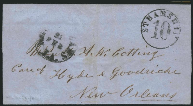 Mexico to New Orleans.> Blue folded letter datelined <<Estate Andria Decr. 27, 1860>> to New Orleans La., bold <Steamship 10 in circle> handstamp and New Orleans La. Feb. 21 circular datestamp, Very
Fine