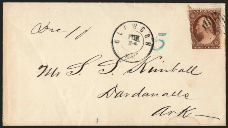 3c Dull Red (26).> Torn at left when separated, tied by grid, <Glasgow Ky. Jun. 24(?) (1861)> double-circle datestamp on cover to Dardanelle Ark., <attempted use of U.S. stamp,> blue 5 C.S.A. rate handstamp
applied at Nashville, re-rated <<Due 1