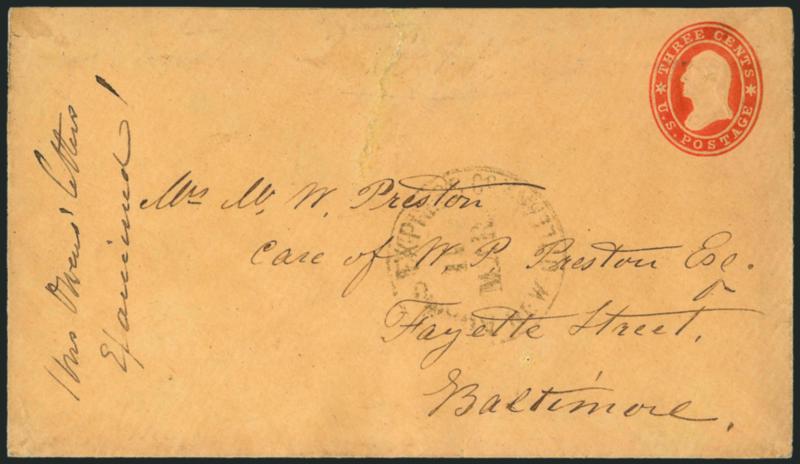 Adams Express Co. New Orleans 11 Mar. (1861).> Lightly struck circular datestamp on 3c Red Star Die entire to Baltimore Md., ms. notation <<Mrs. Owens letters Examined>> which is known on another cover from
this correspondence and might indicate ce
