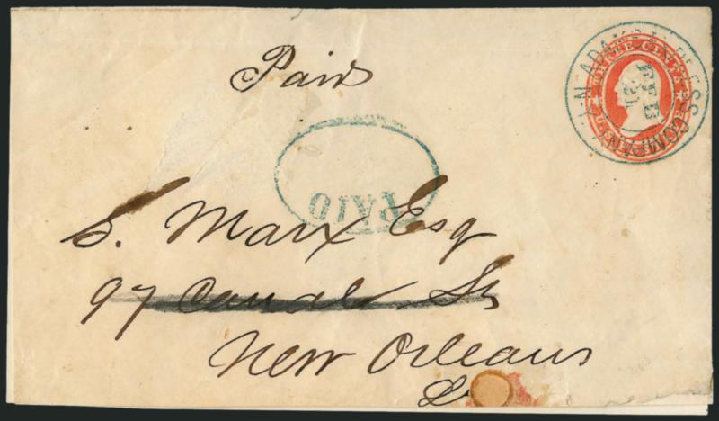 Adams Express Company N.Y. Feb. 21 (1861).> Blue double-circle datestamp and matching Paid in oval on 3c Red Star Die to New Orleans, backflaps missing and slightly reduced, scarce early precursor express
usage