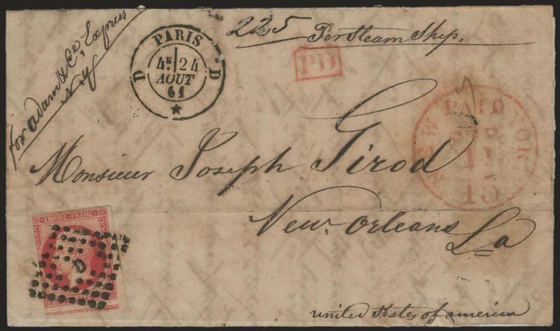 France to New Orleans, August 1861.> Folded letter from Paris to New Orleans with senders route instructions <<for Adams & Co Express N.Y.,>> France 80c Napoleon tied by diamond of dots, Paris 4e24 Aout 61
double-circle datestamp, red PD in f