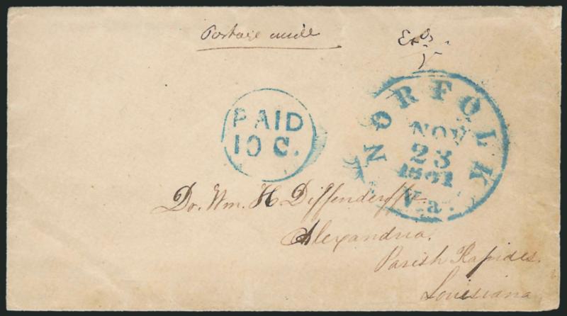 Norfolk Va. Nov. 23, 1861.> Blue circular datestamp and matching <Paid 10c.> in circle on small <flag-of-truce> cover to Alexandria La., senders notation <<Postage inside>> (10c for C.S.A. postage), ms. ExdV
censor mark, Extremely Fine, an es