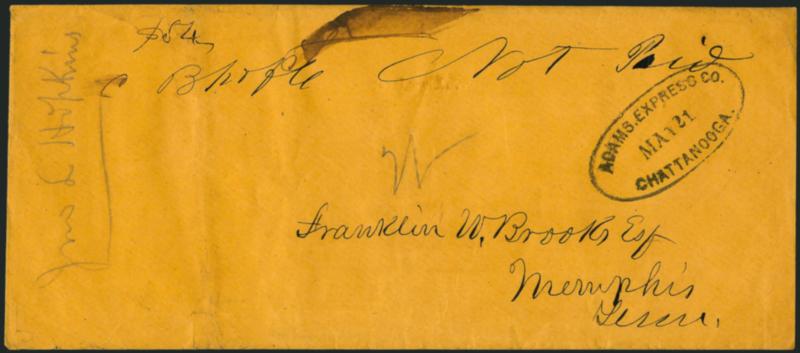 Adams Express Co. Chattanooga, May 21.> Well-struck oval handstamp on legal-size orange cover to Memphis Tenn., slightly reduced at right and minor edgewear, Very Fine strike