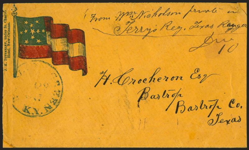 Bowling Green Ky. Nov. 25 (1861).> Partly clear blue circular datestamp and ms. Due 10 on buff cover to Bastrop Tex. with red and blue <11-Star Confederate Flag Patriotic> design, Sutterley New Orleans imprint,
soldiers endorsement from member of