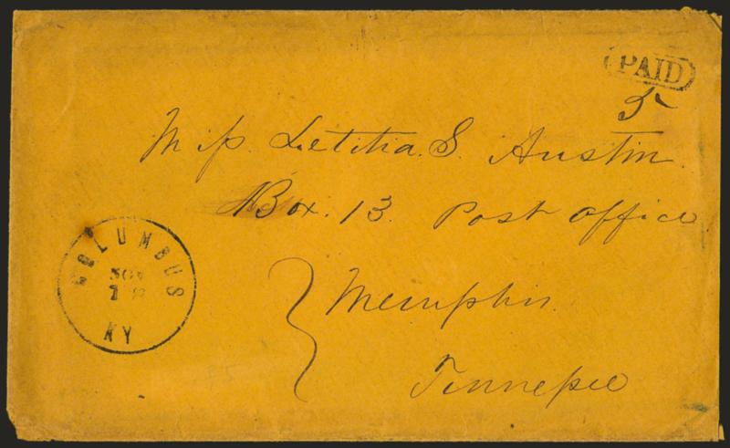 Columbus Ky. Nov. 18.> Circular datestamp, matching oval 5 on orange cover to Memphis Tenn., ms. 5, 1861 usage, light edgewear, Fine, scarce Kentucky handstamped paid usage, with 1996 C.S.A.
certificate