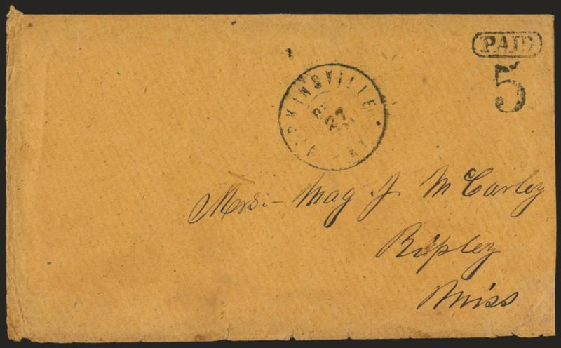 Hopkinsville Ky. Dec. 27, 1861.> Double-circle datestamp, better than usual strike with <Paid in oval and 5 rate handstamps> on buff cover to Ripley Miss., a bit reduced at right, minor edge wear, still Very
Fine, the basis of the Dietz listing a