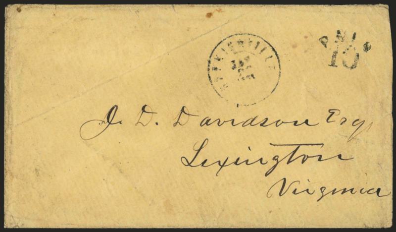 Hopkinsville Ky. Jan. 22, 1861.> Double-circle datestamp with Paid 10 handstamp on buff cover to Lexington Va., barely reduced at right and some slight wear, Fine and rare, this cover is the basis for the Dietz
listing and is believed to be the onl