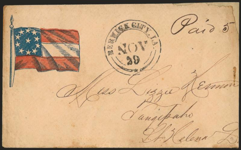 Berwick City La. Nov. 29 (1861).> Fancy circular datestamp and ms. Paid 5 on red and blue <11-Star Confederate Flag Patriotic> cover to Tangipaho La., reduced at right and repaired at top right corner,
otherwise Fine