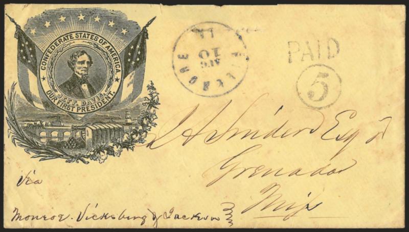 Fillmore La. Aug. 10 (1861).> Circular datestamp with Paid and 5 in circle handstamps in <violet> on blue on yellow <Jefferson Davis Medallion> cover to Grenada Miss., senders railroad routing <<via Monroe,
Vicksburg & Jackson,>> part of backf