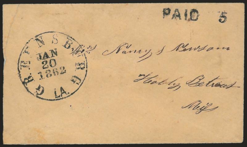 Greensburg La. Jan. 20, 1862.> Well-struck circular datestamp with matching Paid and 5 handstamps on small cover to Holly Retreat Miss., small repairs at left corners, otherwise Very Fine handstamped paid
usage