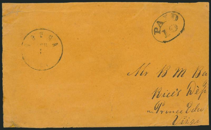 Hiuma La. Feb. 3.> Circular datestamp with bold Paid 10 in oval handstamp on orange cover to Rices Depot Va., reduced at right and at top, some edgewear, Very Fine, ex Matz