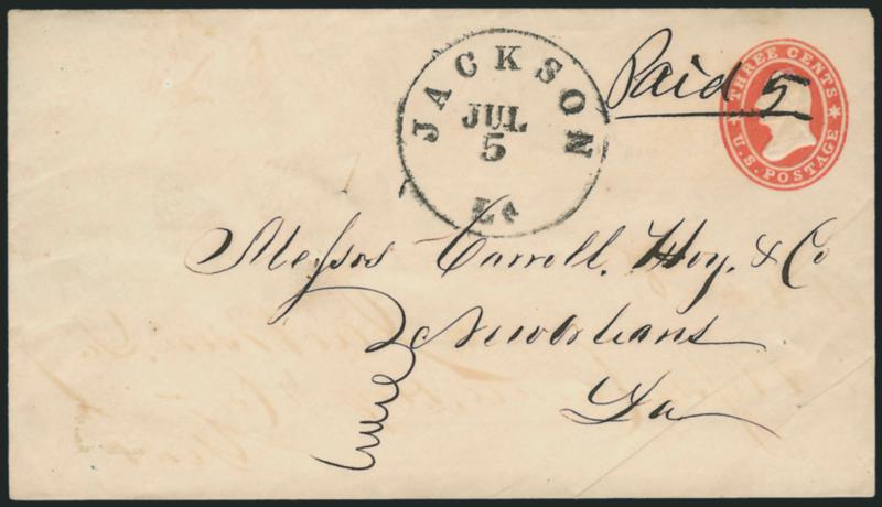Jackson La. Jul. 5.> Well-struck circular datestamp with ms. Paid 5 on 3c Red Star Die entire to New Orleans La., usual small filing holes typical of this correspondence, Very Fine, the entire served no postal
purpose