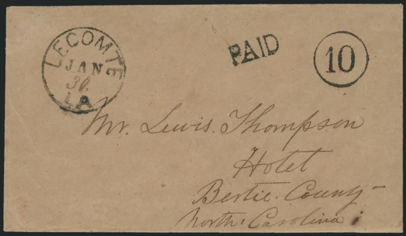 Lecomte La. Jan. 30.> Bold strike of circular datestamp with date in ms., matching Paid and 10 handstamps on homemade cover to Hotel N.C., fresh and Very Fine, attractive cover