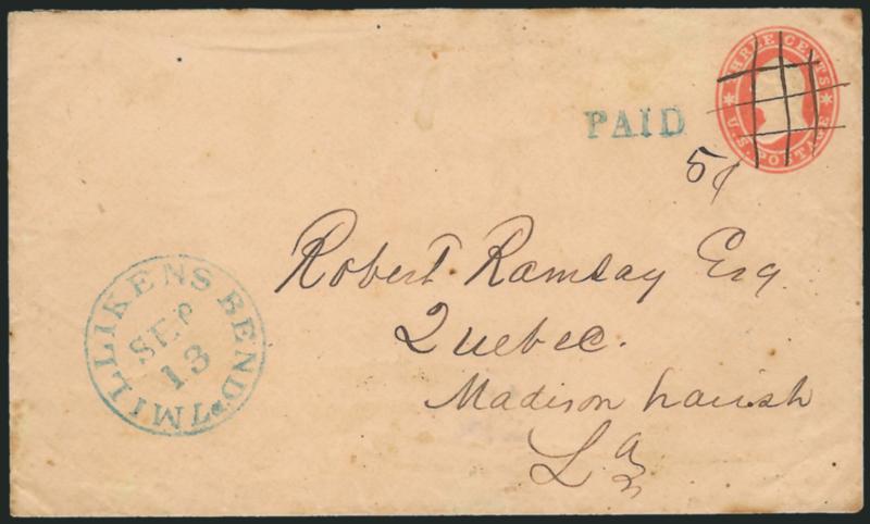 Millikens Bend La. Sep. 13.> Clear strike of blue circular datestamp, matching Paid handstamp and ms. 5 on 3c Red Star Die entire to Quebec La., the entire cancelled by ms. tic-tac-toe pattern to indicate that
it is not valid for postage, few ag