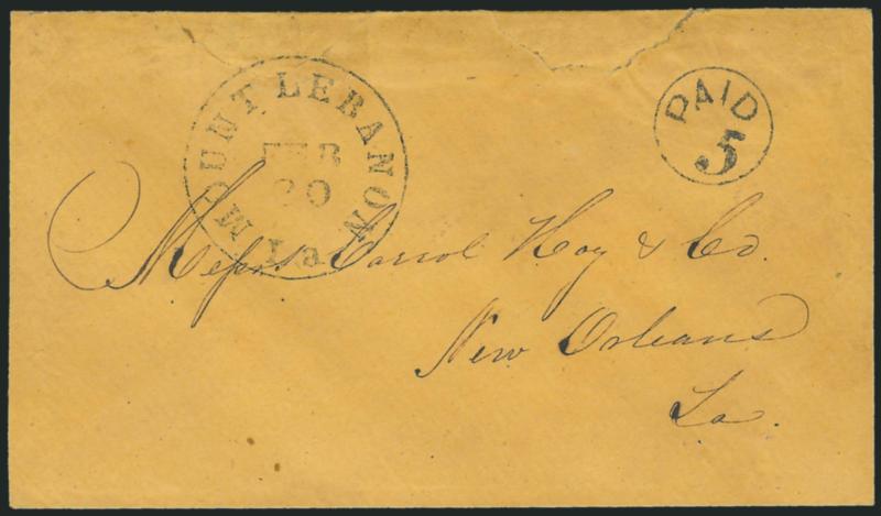 Mount Lebanon La. Feb. 20.> Neat strike of circular datestamp with matching Paid 5 in circle on orange cover to Carroll Hoy & Co. in New Orleans, usual small filing holes, sealed edge tears, otherwise Very
Fine, the Paid 5 handstamp was made from