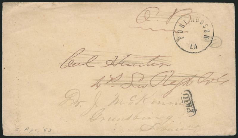 Port Hudson La..> Dateless handstamp with matching Paid in oval applied on <forwarding,> first use with ms. O.B. and with military address, second use addressed to Greensburg La., Very Fine, unusual
usage