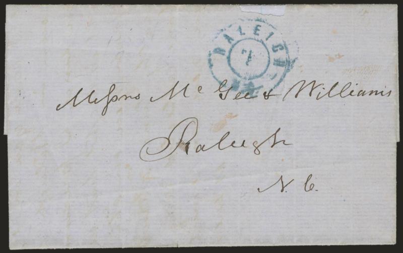 Raleigh N.C. Feb. 5.> Bold strike of blue double-circle datestamp on folded letter datelined <<Yanceyville N.C. Jan. 30th 1863>> to Raleigh, Very Fine, carried outside of the mails to Raleigh where charged the
2c drop rate