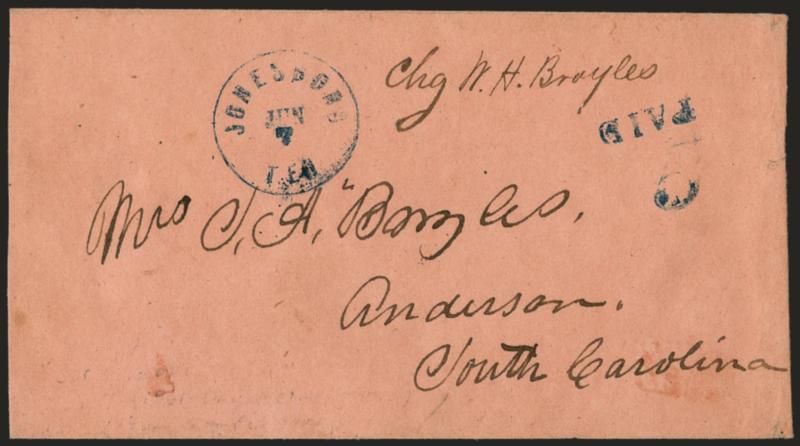 Jonesboro Ten. Jun. 7.> Neat circular datestamp in <blue> with matching Paid and 5 handstamps on cover to Anderson S.C., barely reduced at left, Very Fine and choice, possibly an 1861 usage which would be one
day prior to popular vote of secessio