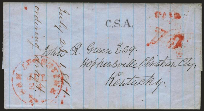 C.S.A.> Unusual straightline handstamp on blue 1861 folded letter, red San Augustine Tex. Jul. 24 (1861) circular datestamp with matching Paid and 10 handstamps to Hopkinsville Ky., Very Fine, with 2000 C.S.A.
certificate declining opinion on s