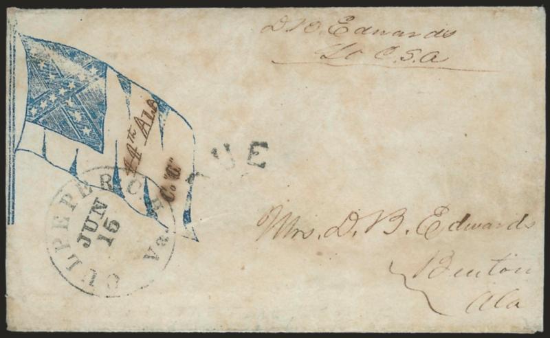 Culpepper C.H. Va. Jun. 15.> Neat strike of circular datestamp with matching Due 10 handstamp on blue <13-Star Confederate Jackson Flag Patriotic> cover to Burton Ala., slightly reduced at right and some
overall wear, still Very Fine example of t