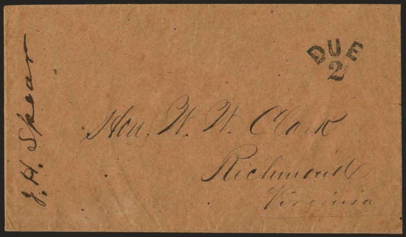 [Richmond Va.] Due 2.> Bold strike of handstamp on locally used homemade cover, fresh and Very Fine, this and the previous lot would make a great exhibit page