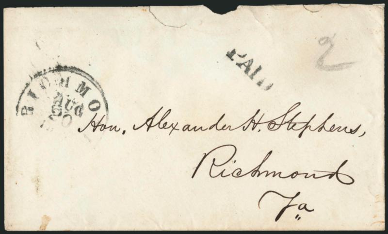 Richmond Va. Aug. 20.> Partial strike of circular datestamp with crayon <2 rate> and Paid handstamp on locally used cover addressed to Alexander Stephens, missing part of top flap as usual for this
correspondence and with Stephenss docketing on